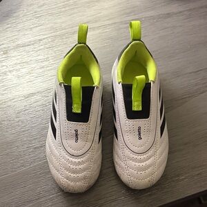 Adidas Kids White and Black Cleats with Neon Accents